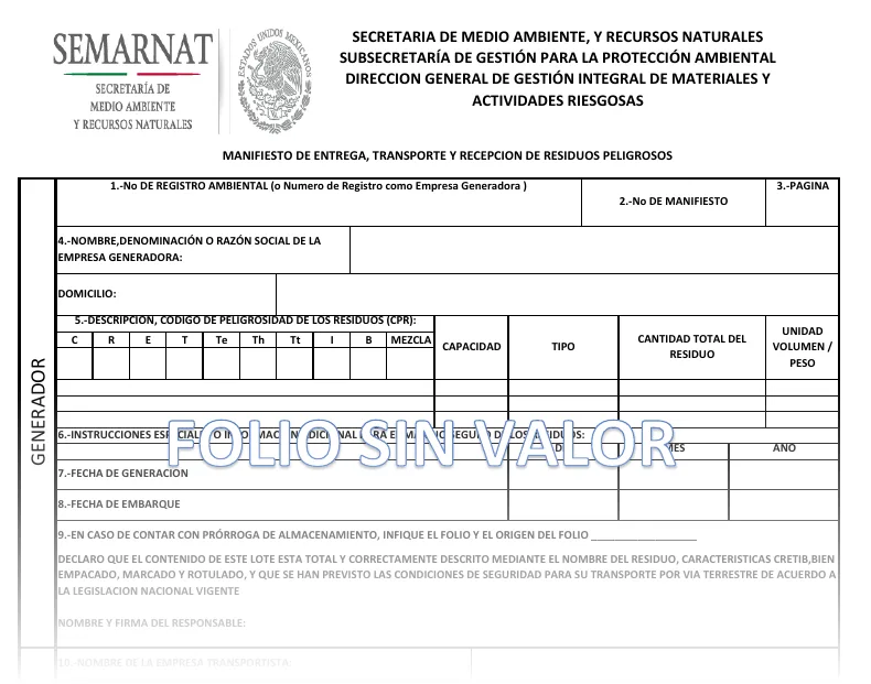 Mitad superior de un manifiesto de residuos peligrosos de SEMARNAT, muestra sin valor